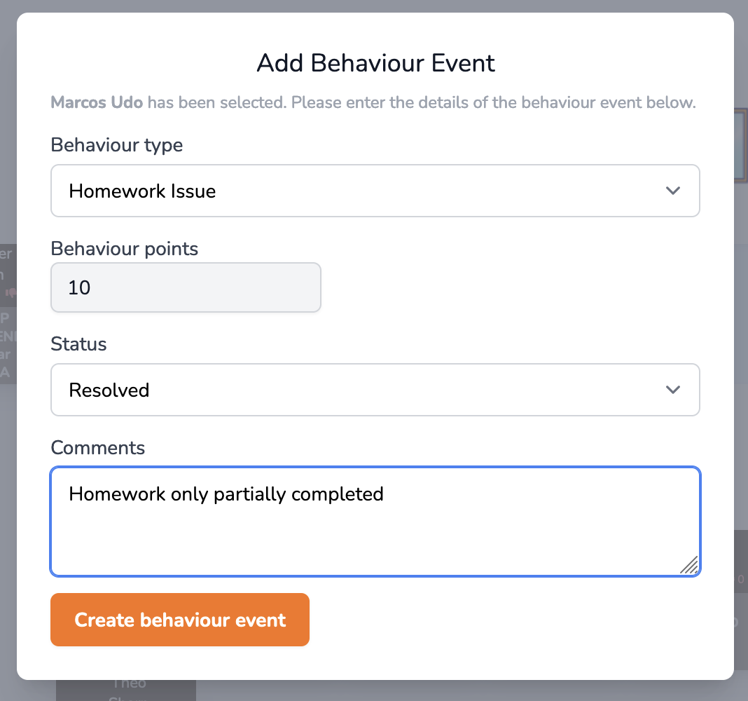 Dialog for adding behaviour event